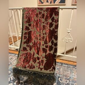 Lauren Ralph Lauren burgundy and olive Paisley velvet silk fringe wrap/scarf